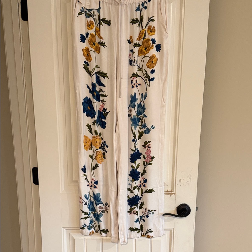 Anthropologie White Wide Leg Pants with Blue and Yellow Floral